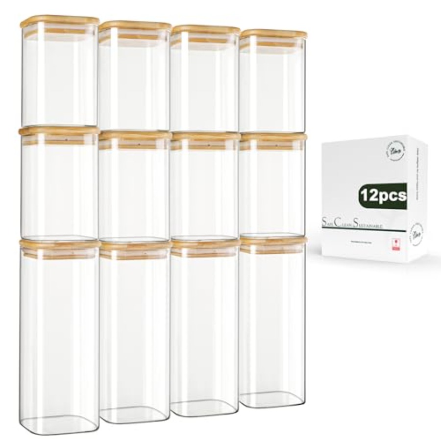Food Storage Jars & Containers - 12'li Paket Kare Cam Saklama Kavanozları,